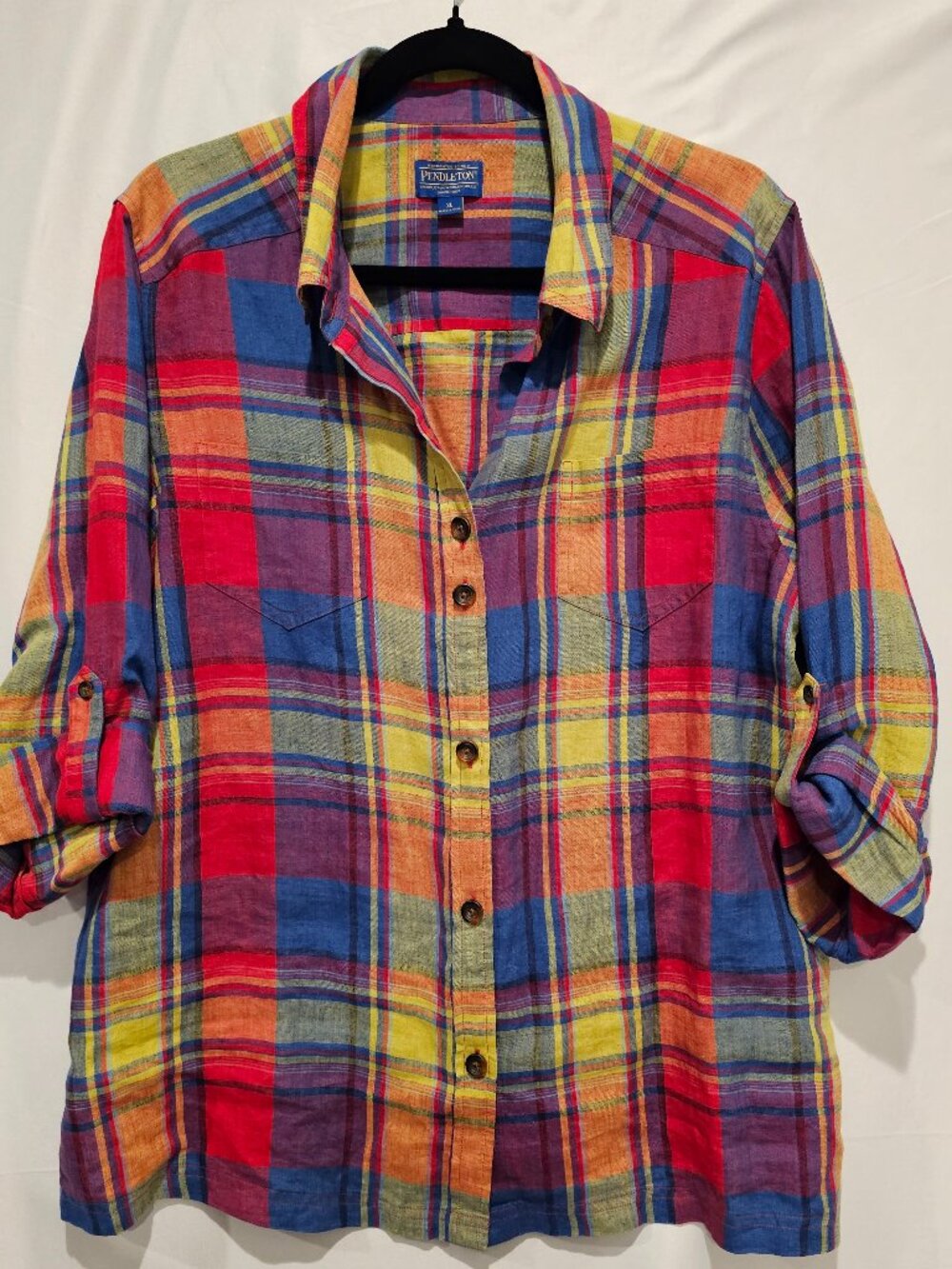 Pendleton Women's 100% Linen Plaid Button Front Shirt XL Multicolor Collared